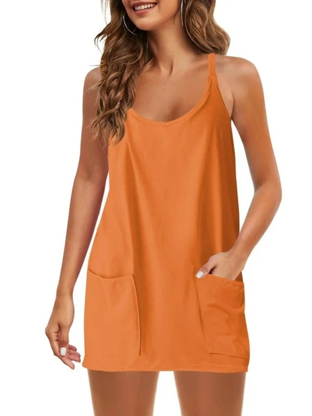 Sleeveless Orange Mini Dress with Front Pockets